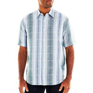 NWT Havanera Men’s Short Sleeve Linen Blend Plaid Shirt Size M Green Blue